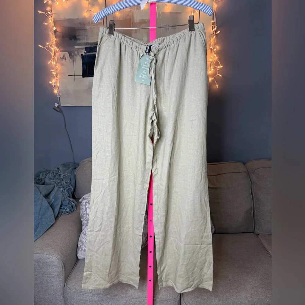 H&M Sage Green Linen Blend Wide Leg Pants Elastic Waist Size S NWT ✨
